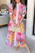 Floral Print Striped Trim Button Down Short Sleeve Dress