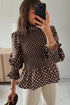Polka Dot Ruffled High Neck Shirred Hem Blouse