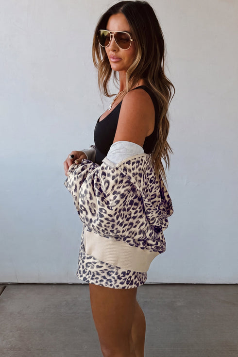 Leopard Zip Up Hooded Drawstring Coordinated Short Set