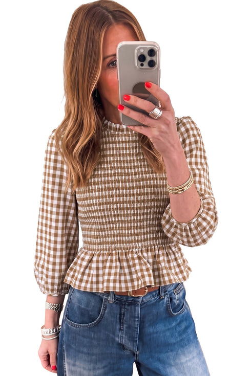 Plaid Shirred Smocked Peplum Three Quarter Sleeve Blouse