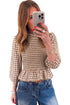 Plaid Shirred Smocked Peplum Three Quarter Sleeve Blouse