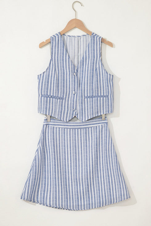 Striped Buttoned Waistcoat A Line Mini Skirt Two Piece Dress