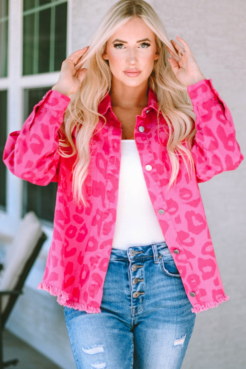 All Over Leopard Print Distressed Raw Hem Denim Jacket