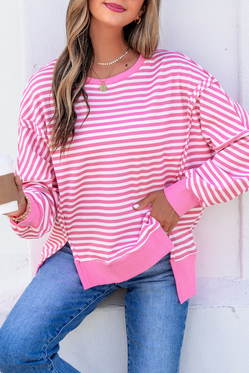 Striped Waffle Knit Split Hem Textured Long Sleeve Top