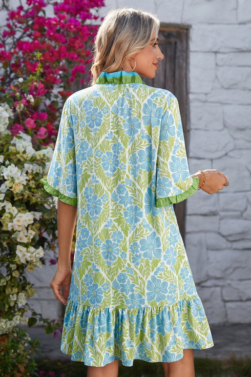 Botanical Floral Print Frilled Trim V Neck Button Front Dress