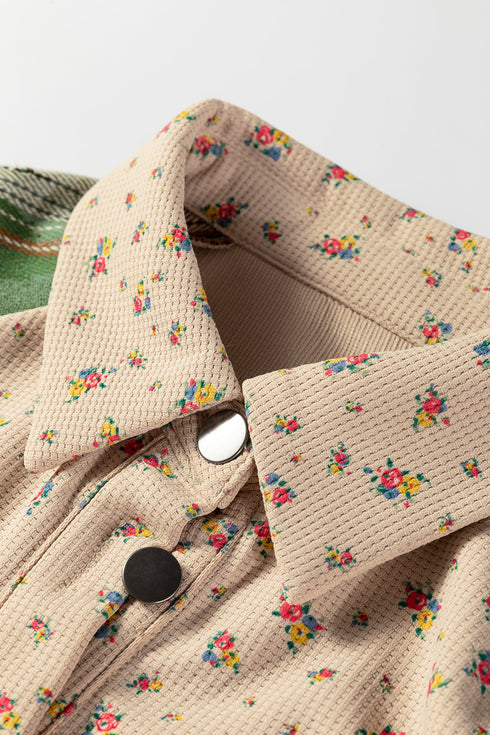 Bohemian Floral Plaid Patchwork Distressed Waffle Knit Shacket