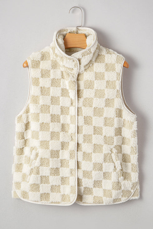 Checkered Sherpa Fleece Snap Button Pocket Vest