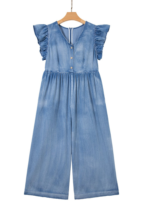Ruffled Short Sleeve Button V Neck Wide Leg Denim Jumpsuit