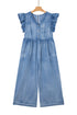 Ruffled Short Sleeve Button V Neck Wide Leg Denim Jumpsuit