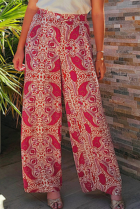 Bohemian Paisley Print Buttoned High Waist Wide Leg Pants