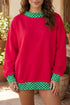 Mock Neck Plaid Pattern Trim Oversized Sweatshirt