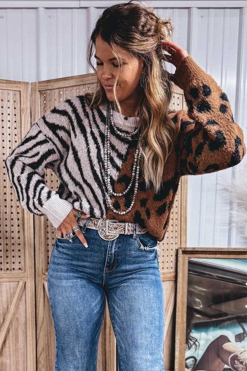 Western Leopard Zebra Print Round Neck Long Sleeve Sweater