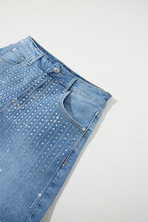 Casual Rhinestone Embellished Patchwork Denim Shorts