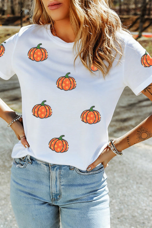 Sequined Star Pumpkin Graphic Round Neck Tee
