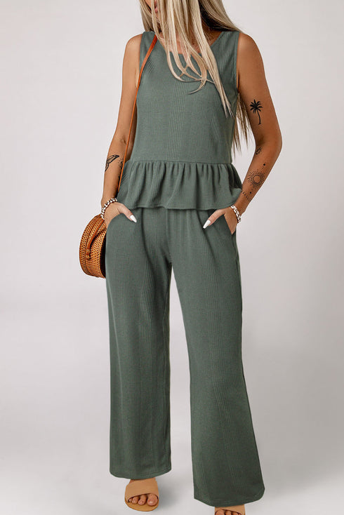 Textured Ribbed Ruffle Tank Top Wide Leg Pant Set