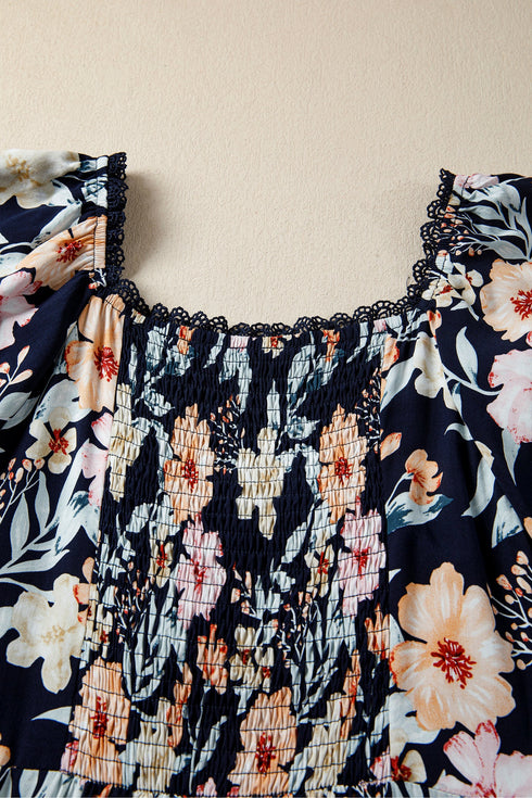Bohemian Smocked Short Sleeve High Waist Maxi Floral Dress