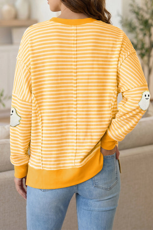 Ghost Patch Stripe Print Round Neck Long Sleeve Tee
