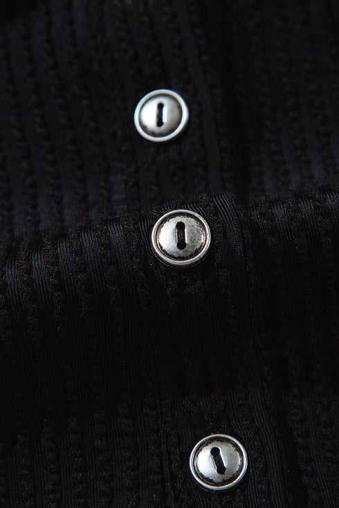 Solid Corded Knit Collared Roll Tab Sleeve Dress