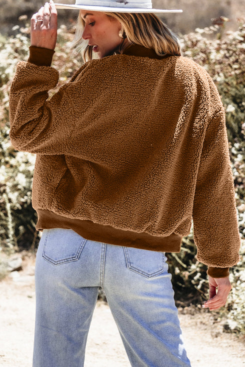 Exclusive Solid Sherpa Fleece Ribbed Collar Bomber Jacket