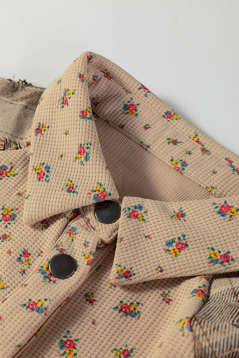 Bohemian Floral Plaid Patchwork Distressed Waffle Knit Shacket