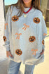 Sequin Pumpkin Face Bow Exposed Seam Pullover Sweatshirt