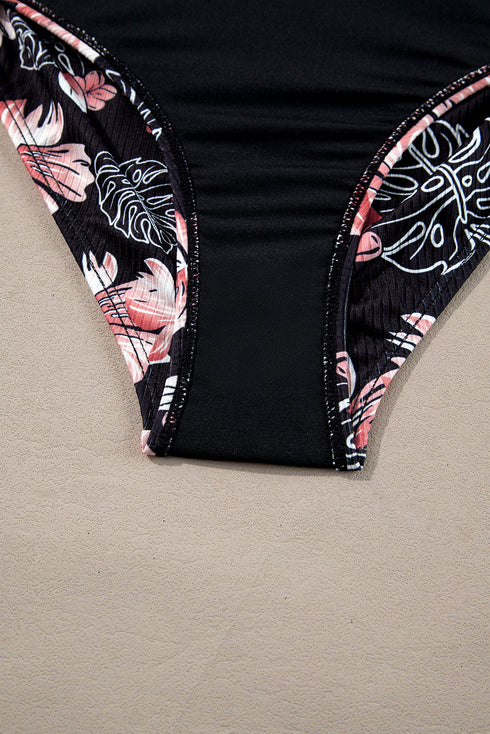 Ribbed Double Strap Tropical High Waist Bikini Set