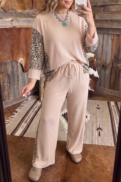 Leopard Print Ribbed Twist Long Sleeve Lounge Set