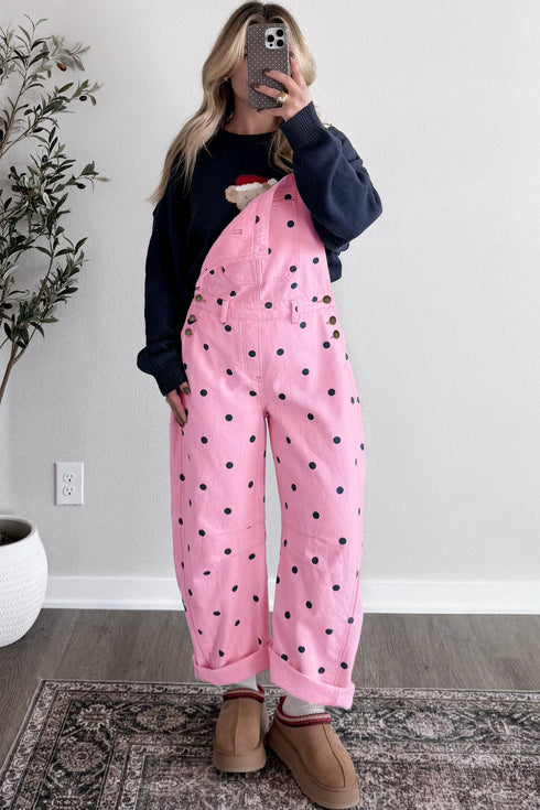 Polka Dot Print Bib Pocket Denim Barrel Overalls Jumpsuit