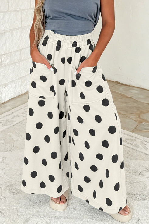 Wide Leg Polka Dot Elastic Waist Pants