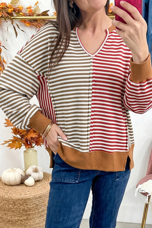 Striped Pattern V Neck Long Sleeve Top