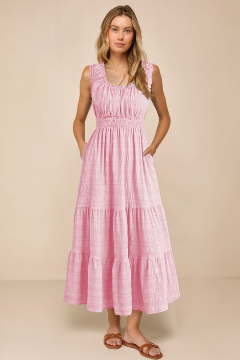 Elegant Shirred Pleated Square Neck Sleeveless Midi Dress