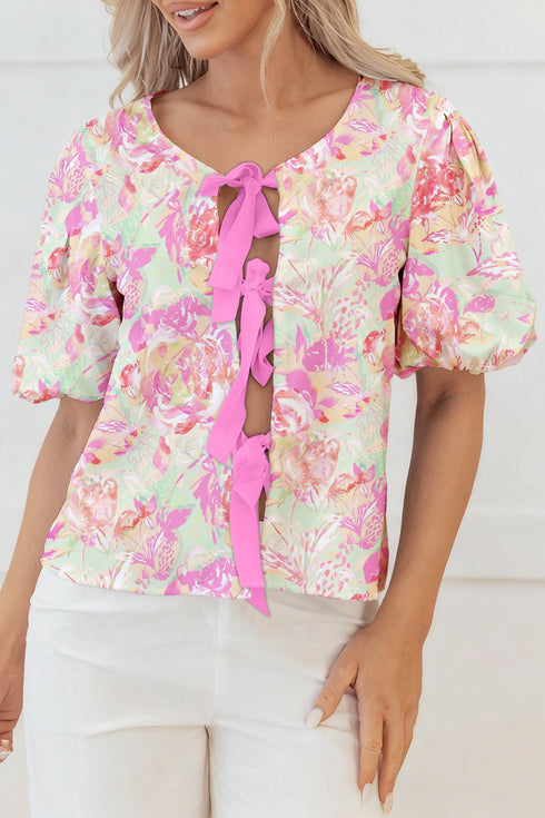 Southern Belle Floral Ribbon Knot Puff Sleeve Blouse