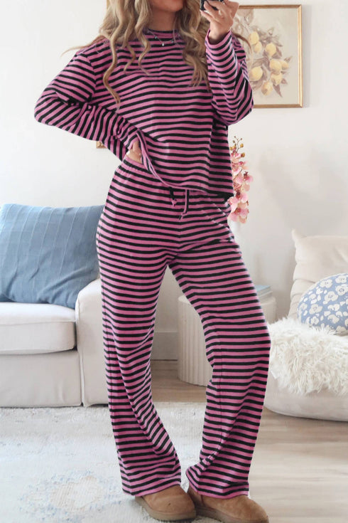 Striped Long Sleeve Top Drawstring Cotton Blend Pants Set