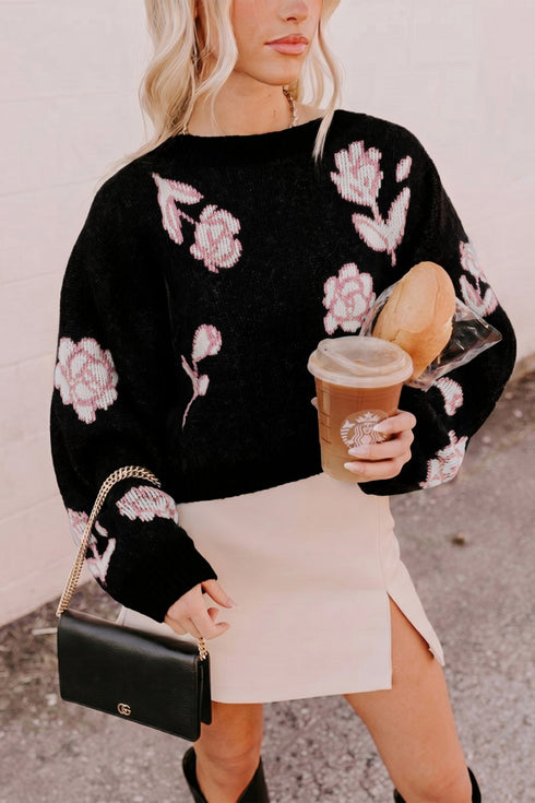 Floral Knit Puff Sleeve Dropped Shoulder Pullover Sweater