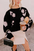 Floral Knit Puff Sleeve Dropped Shoulder Pullover Sweater