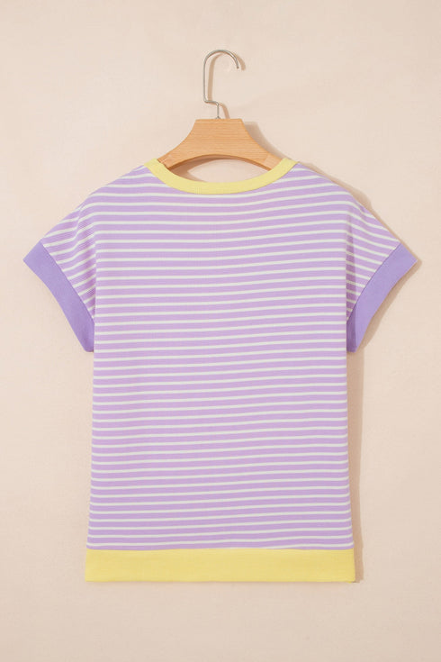 Striped Trim Sequin Rugby Graphic Sporty Casual Tee