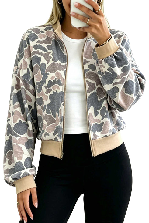 Camouflage Print Trim Zip Front Bomber Sweatshirt