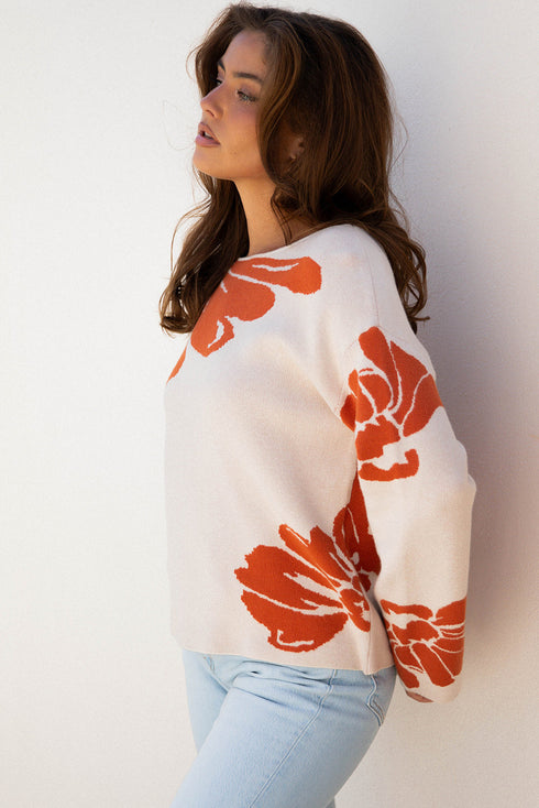 Abstract Botanical Print Boat Neck Knit Pullover Sweater