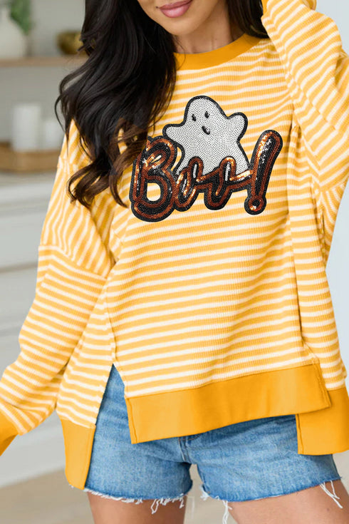 Boo Sequin Ghost Stripe Split Hem Long Sleeve Tee