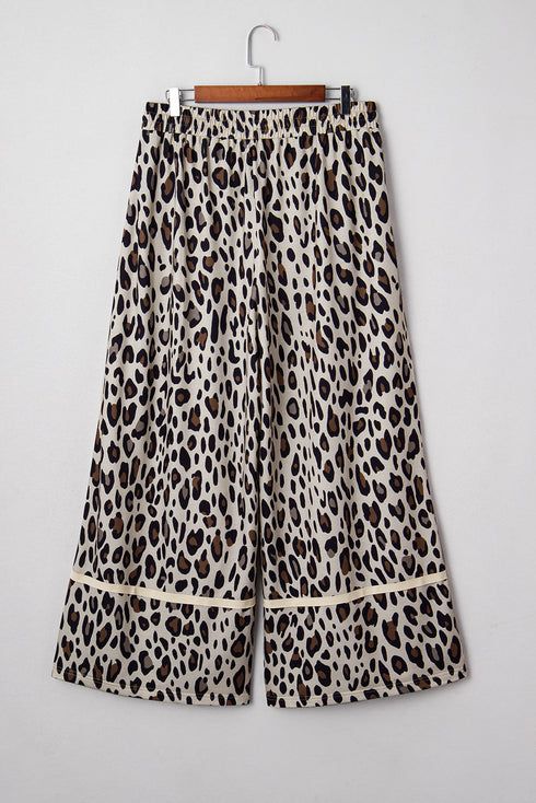 Exposed Seam Patched Pocket Leopard Wide Leg Bottoms