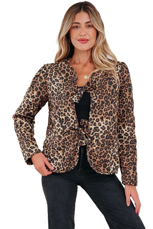 Exclusive All Over Leopard Print Quilted Tie Front Jacket
