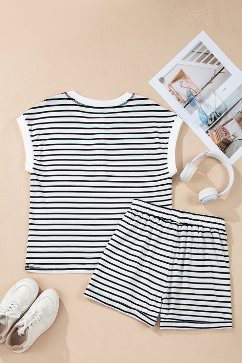Preppy Striped Half Button Top And Short Set