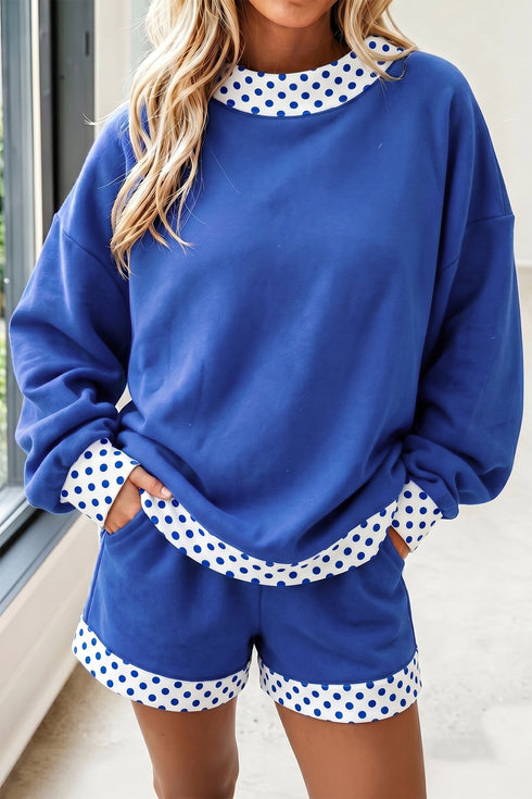 Polka Dot Panel Trim Baggy Mock Neck Pullover Short Set