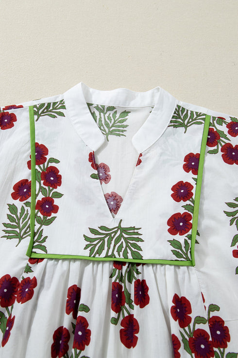 Frilled V Neck Three Quarter Sleeve A Line Floral Dress