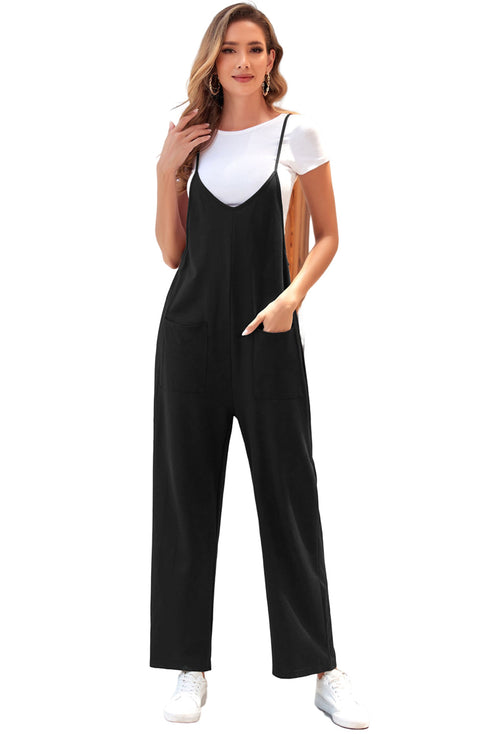 Solid Casual Adjustable Spaghetti Strap Straight Leg Jumpsuit
