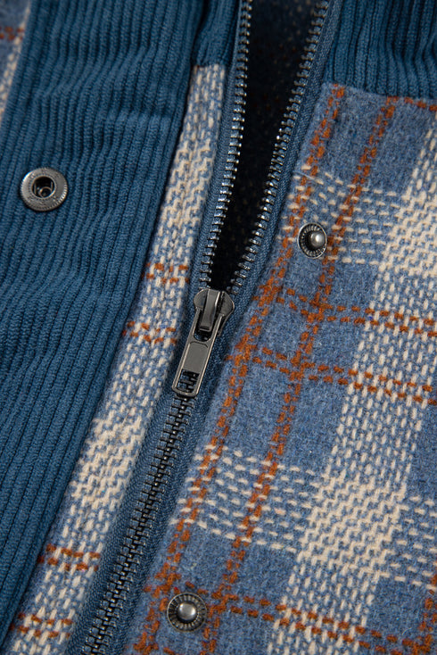 Western Patchwork Corduroy Collared Zip Up Plaid Shacket