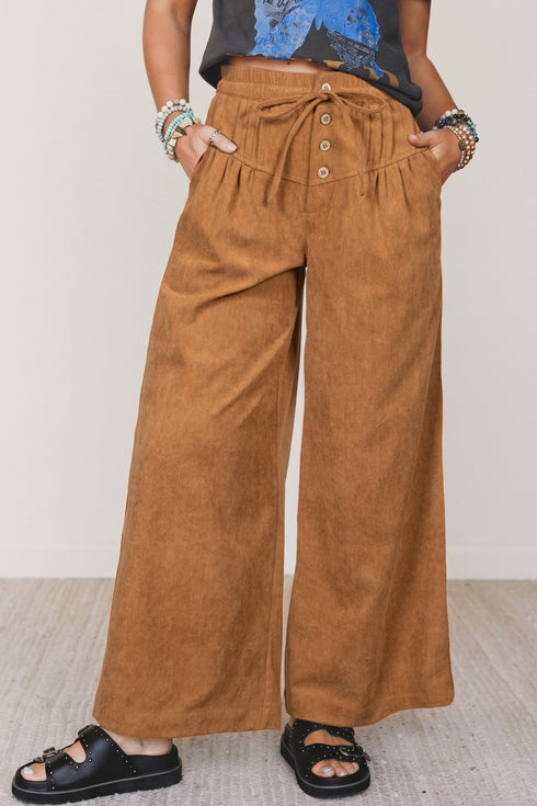 Elastic Waist Wooden Button Placket Ankle Length Wide Leg Pants