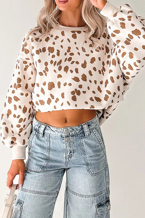 Leopard Spot Drop Shoulder Round Neck Graphic Sweatshirt