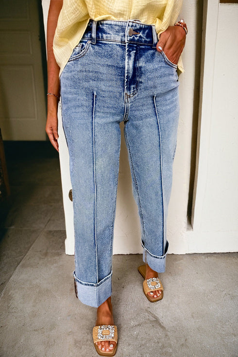 Center Seam Cuffed Hem Straight High Waist Denim Jeans