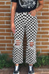 Checkerboard Print Distressed Raw Edge Cropped Denim Jeans